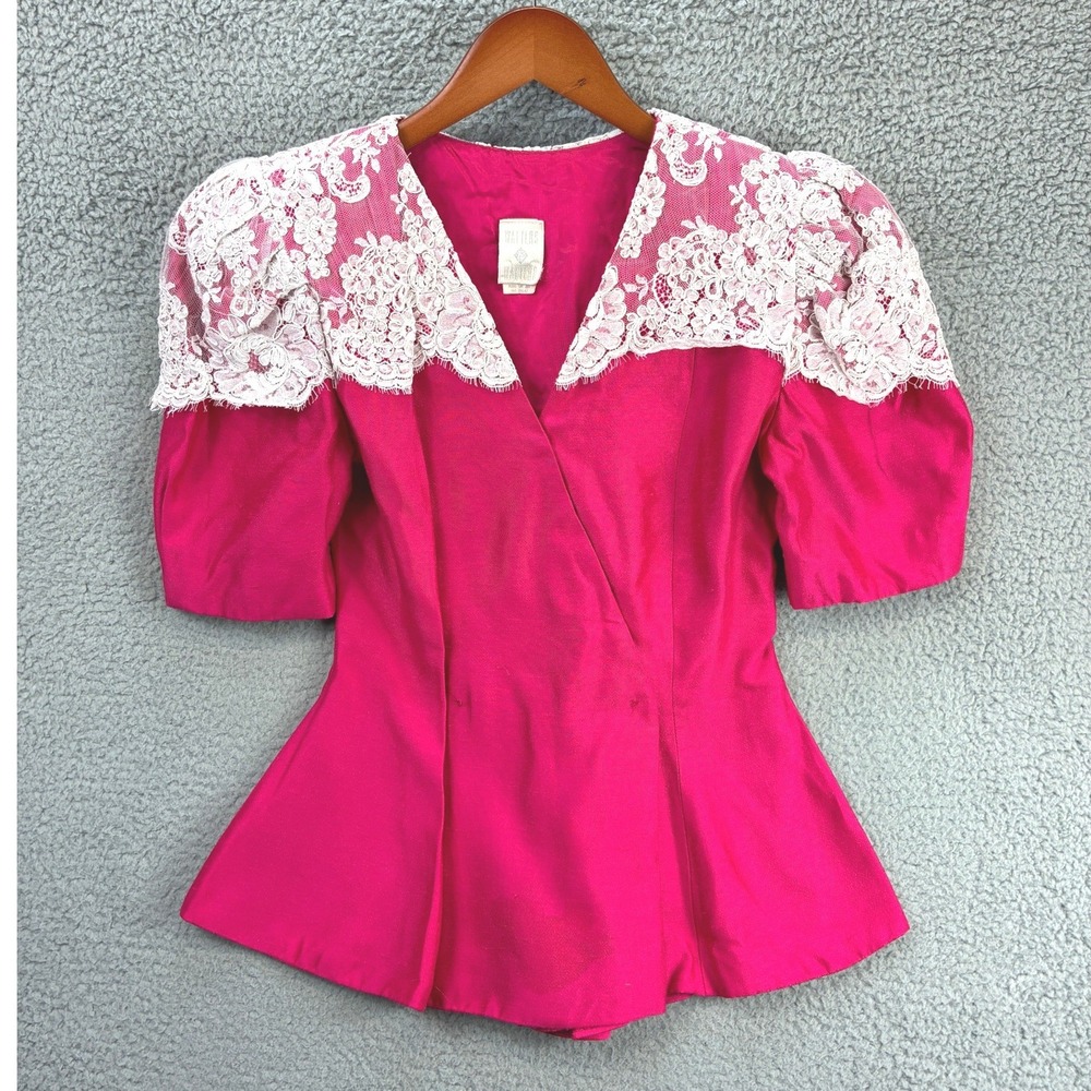 Watters Vintage Lace Peplum Top Womens S Pink Puff Sleeve 80s Formal Blouse